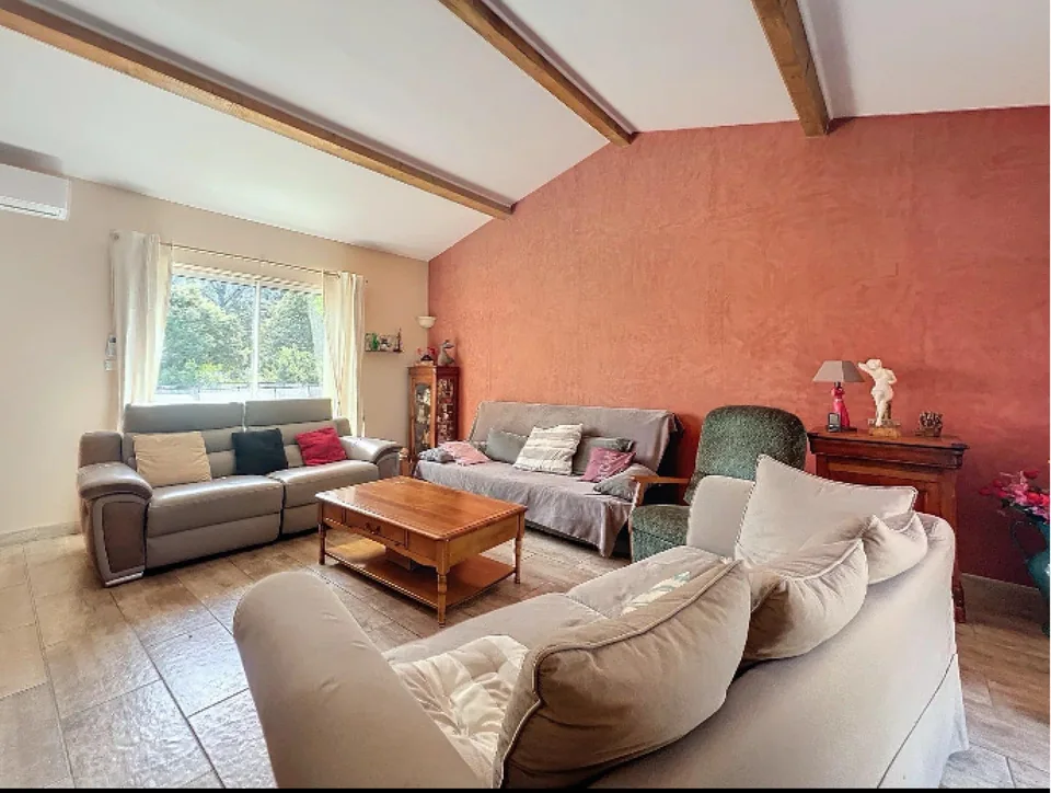 De woonkamer vóór de renovatie, met rode accentmuur
